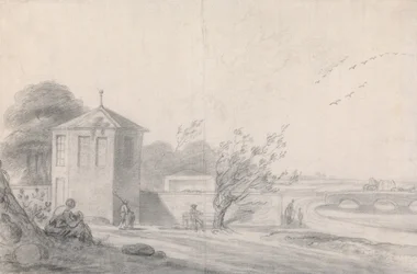 Flusslandschaft mit Figuren, sechseckigem Gebäude links und pferdegezogenem Wagen, der rechts die Brücke überquert